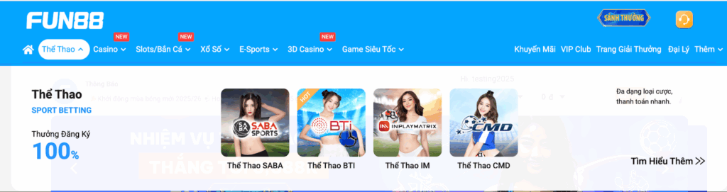 4 sảnh cược chất lượng tại Fun88 thể thao